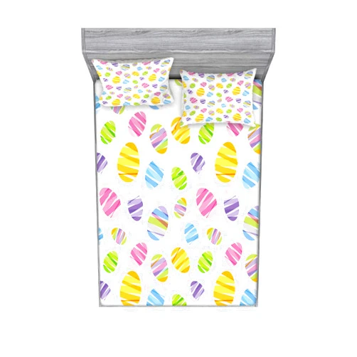 Lunarable Easter Fitted Sheet & Pillow Sham Set, Ribbon Pattern Ornamental Egg Shape Design Colorful Illustration Geometric Seasonal, Decorative Printed 3 Piece Bedding Decor Set, Queen, Lavender