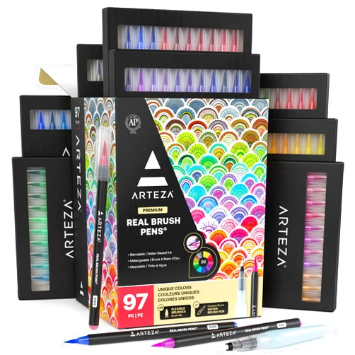 ARTEZA Real Brush Pens, 96 Watercolor Pens, Drawing Markers with Flexible Brush Tips, Watercolor Markers for Artists, and Beginners