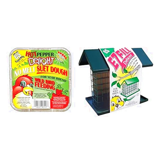 C&S Hot Pepper Delight No Melt Suet Dough 11.75 oz, 8 Pack Wild Bird EZ Fill Deluxe Single Snak/Suet Feeder with Roof & Platform Bundle