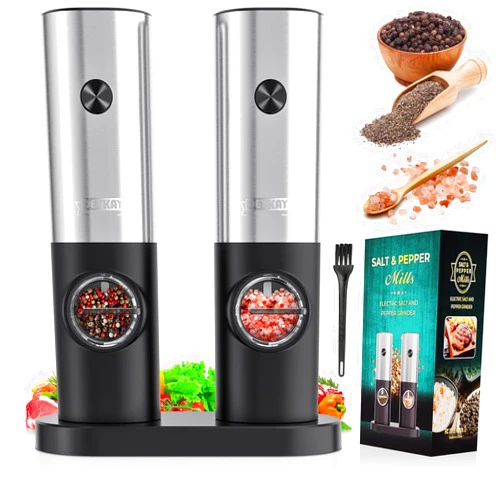 DEYKAY Electric Pepper and Salt Grinder Set, Adjustable Coarseness, Battery Powered with LED Light and Storage Base, One Hand Automatic Operation, Stainless Steel, 2 Pack