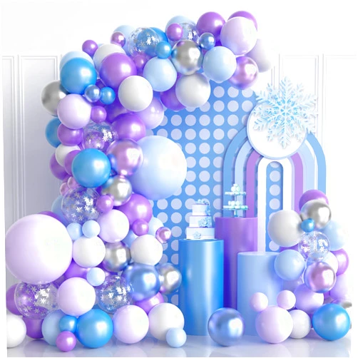 PATYDECRO Frozen Balloons Garland Arch Kit, 124pcs Blue Purple Silver Snowflake Confetti Latex Balloons Arch for Birthday, Baby Shower, Winter Wonderland Snow Frozen Theme Party Decoration