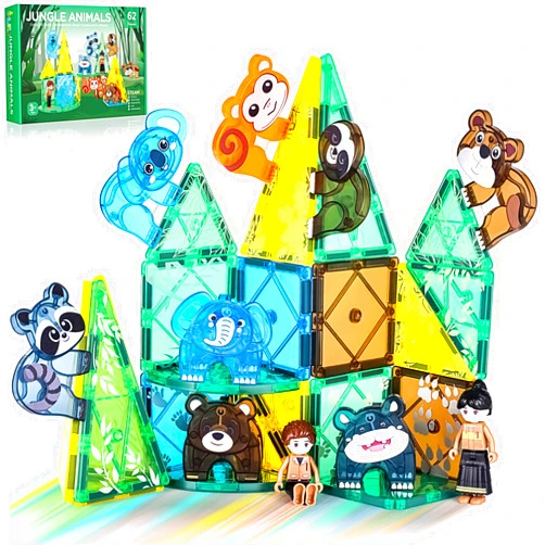 Asago Magnetic Tiles Set, Magnet Blocks Building Toys, Safari Animals Magnetictile for Toddler 1-3 3-5, Assembly 3D Structure Jungle & Forest Theme, STEM Learning Toy for Kids Girls,Boys Age 3 4 5 6 7