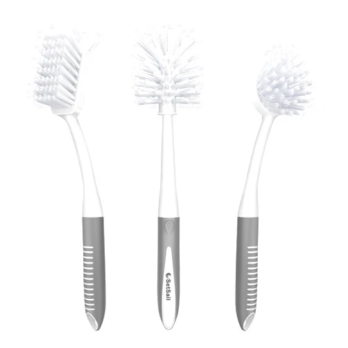 SetSail Dish Brush Set of 3 with Bottle Brush, Dish Scrub Brush with Long Handle Deep Cleaning Handle Brush with Scraper Tip for Kitchen Sink Dishes Bottle Cup Pot and Pans Tile Lines, Grey