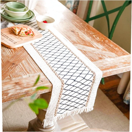 Gxfctys Table Runner, Boho Table Runner Cotton Linen Table Decorations, Farmhouse Table Runners with Tassels for Bohemian Wedding Bridal Shower Rustic Home Dining Table (Black/Grid/12x72)