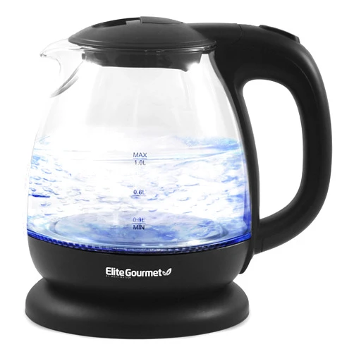 Elite Gourmet EKT1001 Electric 1.0L BPA-Free 1100W Glass Kettle Cordless 360° Base, Stylish Blue LED Interior, Handy Auto Shut-Off Function – Quickly Boil Water For Tea & More, Black
