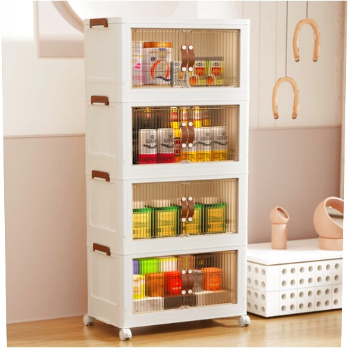 Jifvrnk 4 Tier Stackable Storage Bins With Wheels, 34QT Collapsible Storage Bins, Foldable Storage Box with Doors and Lids for Living-room, Bedroom