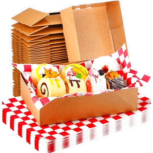 Thenshop 200 Pcs Kraft Paper Food Tray and Checkered Food Wrapping Paper Set 4 Corner Pop up Paperboard Food Box Disposable Foldable Cardboard Trays Brown Greaseproof Food Paper Box for Theater Stadium