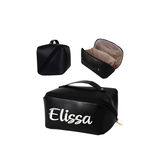 ZoikOm Personalised Cosmetic Bag with Monogram | Custom Makeup Bag | Personalized Gift for Her,Personalised Gift for Bridesmaid,Travel Makeup Bag, black, embroidery name
