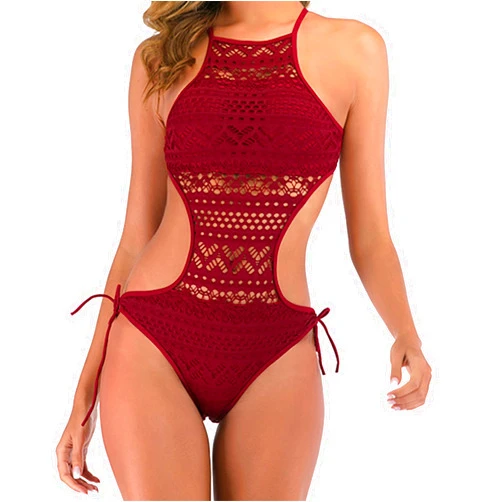 XUNRYAN Womens Crochet One Piece Swimsuit Sexy Halter High Neck Cutout Bathing Suits Criss Cross Tie Back Monokini Swim Suit
