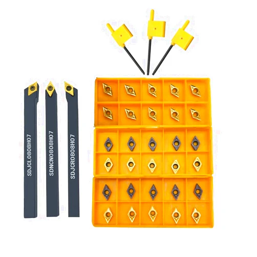 RHFGYY 30pcs DCMT070204 DCMT21.51 Carbide Turning Inserts with 3pcs Indexable Turning Tool Holders SDJCR0808H07 + SDJCL0808H07 + SDNCN0808H07 CNC Lather Tools