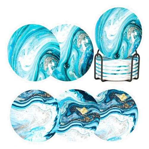 HZDK Coasters for Drinks with Holder,Marble Ocean Pattern Ceramic Absorbent Coasters with Cork Base,Prevent Table Scratched and Absorb Water Stains,Xmas Housewarming Gifts Pack of 6