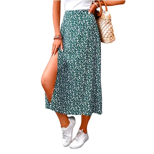 MakeMeChic Women's Floral Split Midi Skirts High Waisted Boho Casual Long Skirt