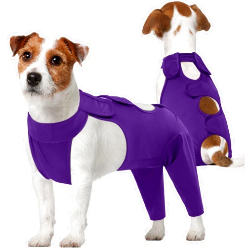 Kuoser Dog Surgery Recovery Suit for Rear Legs, Thigh Wound Protective Sleeve for Dogs, Dog Recovery Sleeve for Female Male Dogs, Dog Onesie After Surgery Pet Surgical Suit for Spay Neuter, Purple S