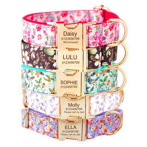 KAKOTL Custom Engraved Dog Collar with Name and Phone Number, Personalized for Small, Medium, and Large Dogs (Floral)