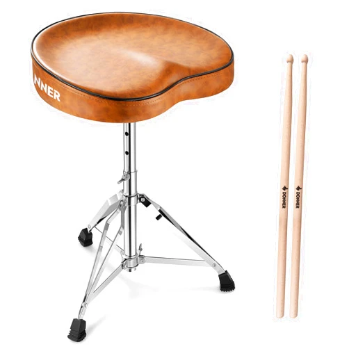 Donner Saddle Drum Throne, Height Adjustable Padded Seat Drum Stool for Adults and Kids, 5A Drumsticks Included, with Double Braced Legs Rubber Feet, Brown