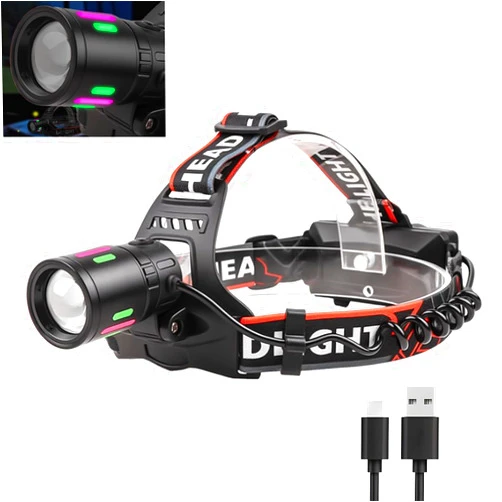 Wrrozz Headlamp Rechargeable LED Head Lamp, Super Bright Zoomable Head Light with Taillight and Night Vision Functions, Headlamps Adults Forehead Flashlight Headlight for Running, Camping, Hiking