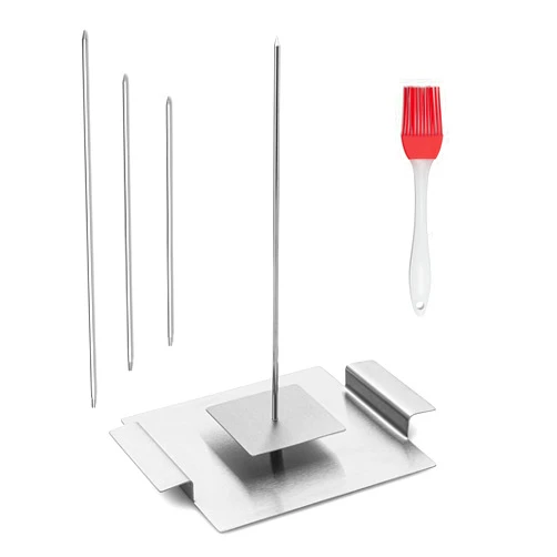 Marabuut BBQ Vertical Spit Skewer Hack Rack - 3 Size Removable Heavy Duty Food Grade Stainless Steel Skewers with Platform - Complete with Silicone Basting Brush Al Pastor Rotating Seasoning Vertical