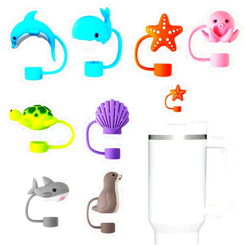 WELTAZ 8PCS Straw Cover Cap For Stanley Cup, Silicone Ocean Animal Straw Topper For Stanley 14oz&20oz&30oz&40oz Tumblers,10mm(0.4in) Reusable Dust-Proof Reusable Straw Tips