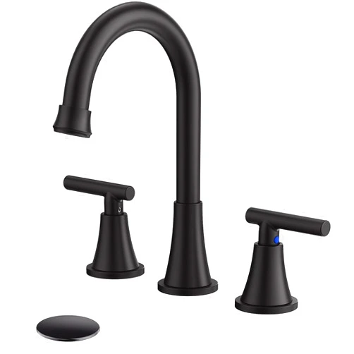 Hurran Bathroom Faucets for Sink 3 Hole, Hurran Matte Black Bathroom Sink Faucet with Pop-up Drain and Supply Lines, Stainless Steel Lead-Free Widespread Faucet for Bathroom Sink Vanity RV Farmhouse Sink
