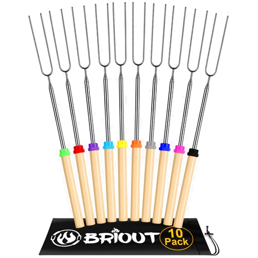 Briout Extendable Stainless Steel Roasting Sticks - Smores Sticks for Fire Pit Long 32 Inch, Smore Skewers Hot Dog Fork Campfire Accessories, Camping Essentials for S'mores - 10 Pack
