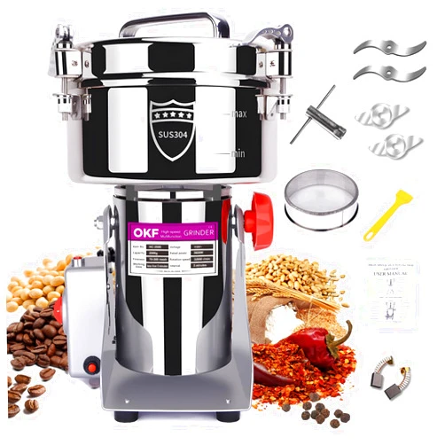 OKF 2000g Grain Mill Grinder, 304 Stainless Steel Grain Mill, 3600W High-speed Commercial Spice Grinder, Superfine Grain Grinder, Flour Mill Grinder for Home, Grinder for Kitchen, Spice Grinder Electric