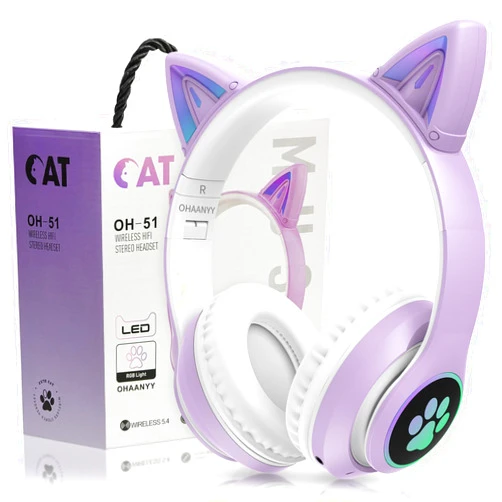 Auvstar Kids Wireless Headphones with Cat Ear Led Light Up, Foldable Cat Headphone with Microphone, Noise Cancelling,Bluetooth 5.4,Kids Bluetooth Headphones for iPad/School/Travel/Tablet (Purple)