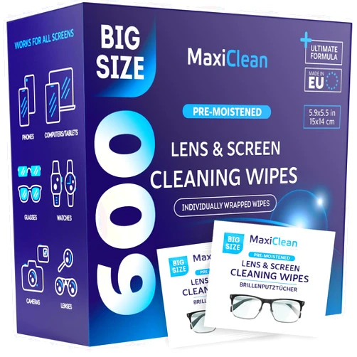 Maxi Clean Glasses Wipes Lens Cleaner - Lens Wipes for Eyeglasses - 600 Pre-moistened Individually Wrapped Wipes for Eye Glasses, Electronics, Phone, Computer, Laptop Screen - Camera Lens Cleaner - Made in EU