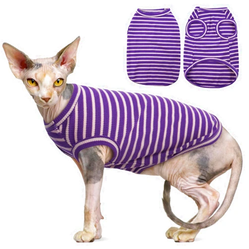 OUOBOB Sphynx Cat Clothes, Breathable Hairless Cat Shirts, Stripe Kitten T-Shirts Sleeveless, Pullover Cat Sweaters, Pet Summer Apparel for Sphynx, Cornish Rex, Devon Rex, Peterbald, Small Dogs