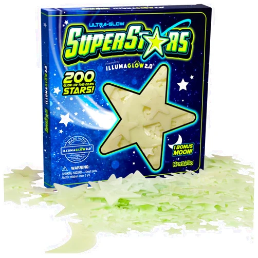 Ultra-Glow Super Stars Glow in The Dark Stars for Ceiling - Includes Installation Putty, Bonus Moon and Star Constellation Guide, Only Glow Stars Powered by Illumaglow2.0