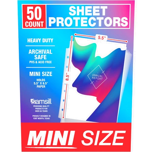 Samsill Mini Sheet Protectors 50 Pack, 5.5 x 8.5 Inch Page Protectors for Mini 3 Ring Binder, Heavy Duty, Clear Protector Sheets, 7 Hole, Top Loading, Acid Free
