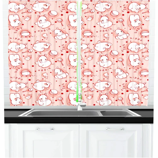 Ambesonne Hippo Kitchen Curtains, Baby Hippo Pattern Wild Animal Funny Girls Boys Playroom Concept, Window Drapes 2 Panel Set for Kitchen Cafe Decor, 55