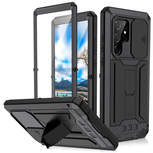 MIYIYQP for Samsung Galaxy S22 Ultra 5G Case, Aluminum Metal Gorilla Glass Waterproof Shockproof Military Heavy Duty Sturdy Protector Cover Hard Case for Samsung Galaxy S22 Ultra (S22 Ultra, Black-Ⅱ)