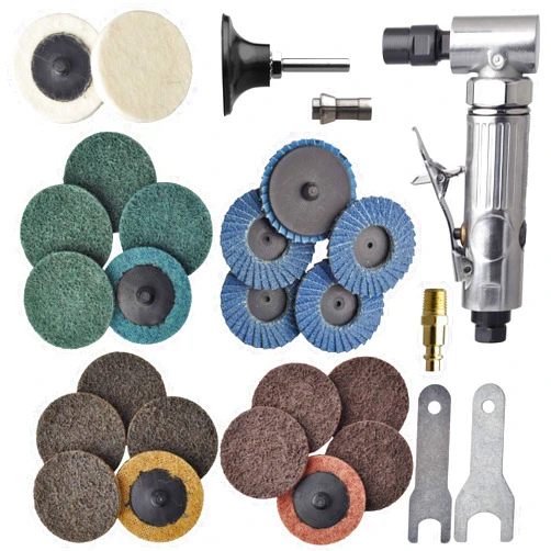 TOOLPEAK 1/4 inch angle air die grinder with 22 pcs 2-inch roll lock sanding discs, polished color angle pneumatic die grinder, air die grinder kit