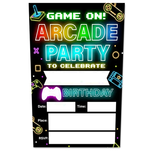 VAHATAN Arcade Party Birthday Invitations 20 Packs Neon Glow Retro Video Gaming Arcade Invites with Envelopes