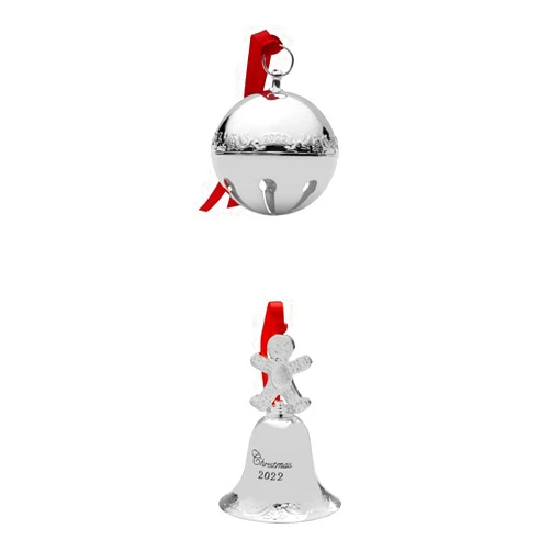 Wallace 2022 Silver-Plated Sleigh Bell Ornament, 52nd Edition & Wallace 2022 Silver-Plated Grande Baroque Bell Ornament w/Gingerbread Man Finial, 28th Edition