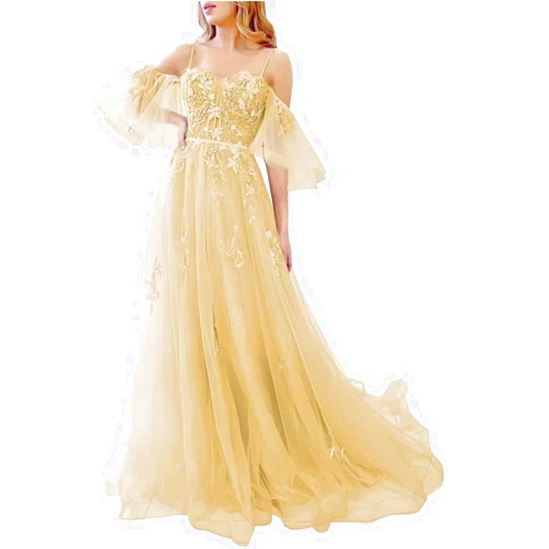 ASDW Off Shoulder Lace Applique Prom Dress for Women Teens Tulle Long Spaghetti Strap Formal Evening Party Prom Gowns
