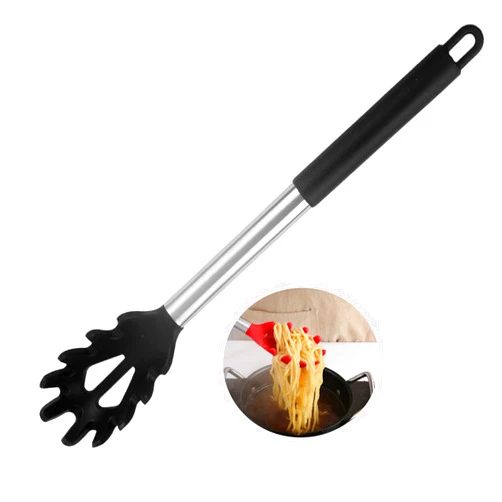 JXJYZLN Silicone Pasta Fork,Spaghetti Spoon Kitchen High Heat Resistant Noodle Spoon Server,Food Grade Pasta Spoon with Stainless Steel Handle (Black)