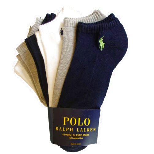 Polo Ralph Lauren Men's 6 Pair of No Show Classic Sport Socks (Heather Gray, White, Blue) Mens 6-Pack Sock