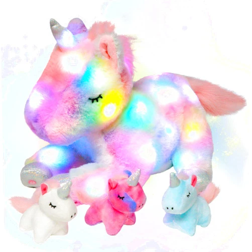Hopearl LED Plush Unicorn Lighting Up Stuffed Mommy Unicorn with 3 Baby Unicorns in her Tummy Stuffed Animal Playset Night Lights Glow in The Dark for Mom Toddler Girls, Rainbow, 19''