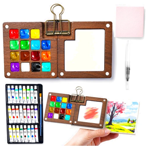 POPLOPP Mini Watercolor Paint Set, 24 Colors Portable Pocket Watercolour Travel Kit with 15 Grid Wood Paint Palette, Sketchbook, Metal Clip, Water Brush for Painters Artists Students