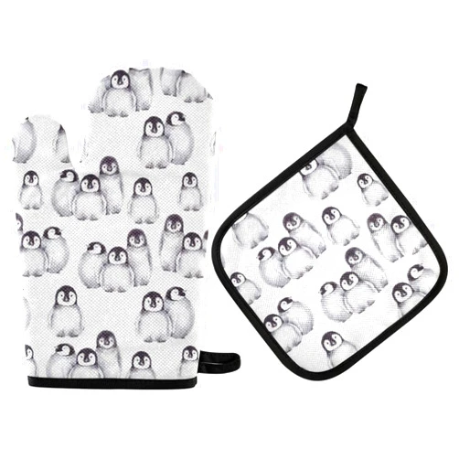 OURVII 2pcs Winter Cute Penguins Oven Mitts and Pot Holders Set Potholder Kitchen Hot Pads Oven Gloves for Women Men Baking Cooking Outdoor BBQ