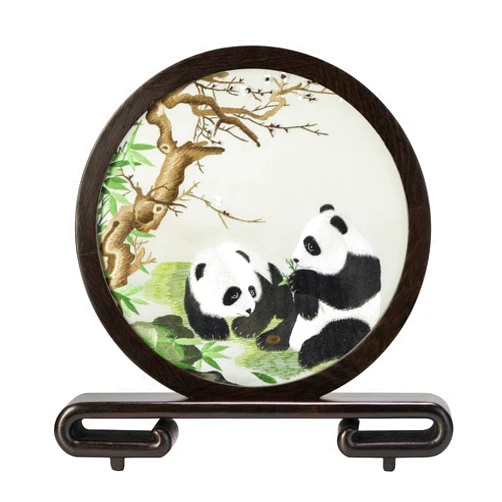 Ebherys Embroidery Art, 8” Round Screen for Desk Top, Pure Hand Needlework on Silk Mat Framed with Wenge Wood Frame, Chinese Style Desk Décor, Special Gifts (Pandas)