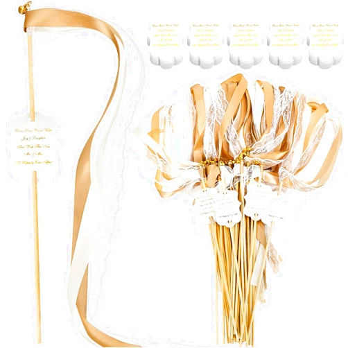 Taiyin 50 Pcs Ribbon Stick Wands with Bells Wedding Wands Favor Tags Wedding Send Off Items Wedding Ribbon Streamers Tags Silk Fairy Wand for Party Holiday Celebration Decor, Champagne, Lace