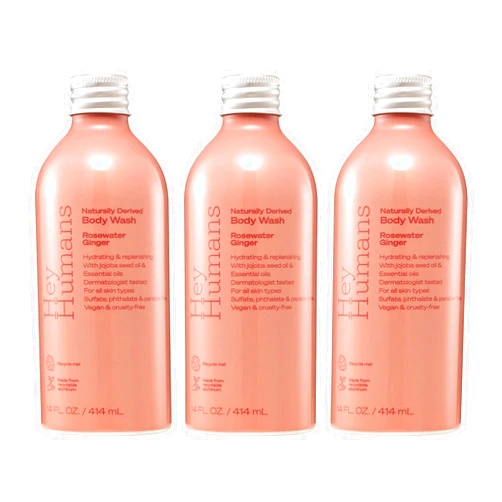 Hey Humans Rosewater Ginger Moisturizing Body Wash with Natural Ingredients & Jojoba Oil | Clean, Vegan, Sulfate Free Bath & Body Wash for Women | Recyclable Bottle, 14 fl. oz. - Pack of 3