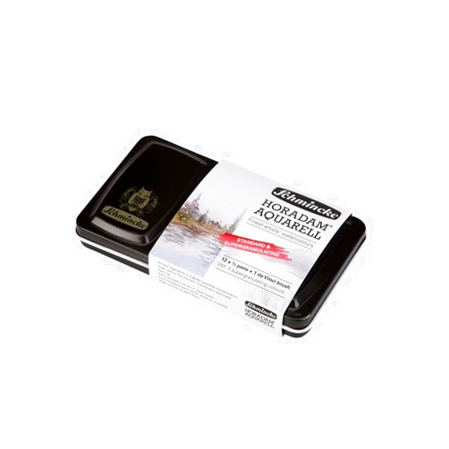 Schmincke - HORADAM® AQUARELL 12 Half Pans - Standard and Super Granulating Colors - and da Vinci Brush, 74630097, Metal Box, Painting Set, 12 x 1/2 Pans