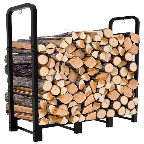 Artibear 4ft Outdoor Firewood Rack, Upgraded Adjustable Heavy Duty Logs Stand Stacker Holder for Fireplace - Metal Lumber Storage Carrier Organizer, Bright Black