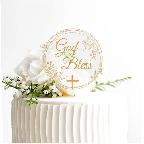 Jnglr God Bless Cake Topper, Round Acrylic Cake Toppers First Communion Cake Decoration for Christening Religious Baptism, Baby Shower Birthday Party Cake Decorations Golden Cake Topper Acrylic