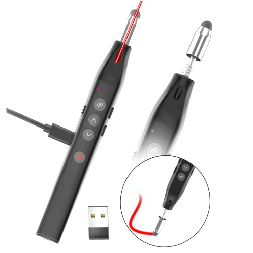 KTPYRP 4 in 1 Presentation Clicker with Telescopic Pointer: Red Laser Wireless Presenter Stylus Pen for Touch Screen, Rechargeable Powerpoint Remote Retractable Stick with Mark/Volume Control/Hyperlink