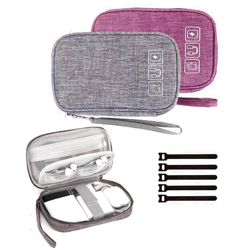 Rinvanic Cable Organizer Bag, 2PCS Travel Cord Organizer Pouch Small Electronics Accessories Bag Tech Cord Storage Pouch for Cable, Charger, Phone, USB, SD Card,with 5pcs Cable Ties (Grey+Purple)