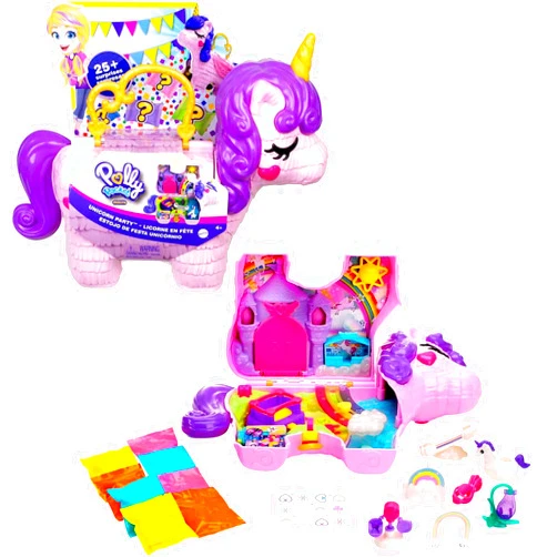 Polly Pocket 2-in-1 Travel Toy Playset, Unicorn Toy with 2 Dolls & 25 Surprise Accessories, Unicorn Party Large Compact